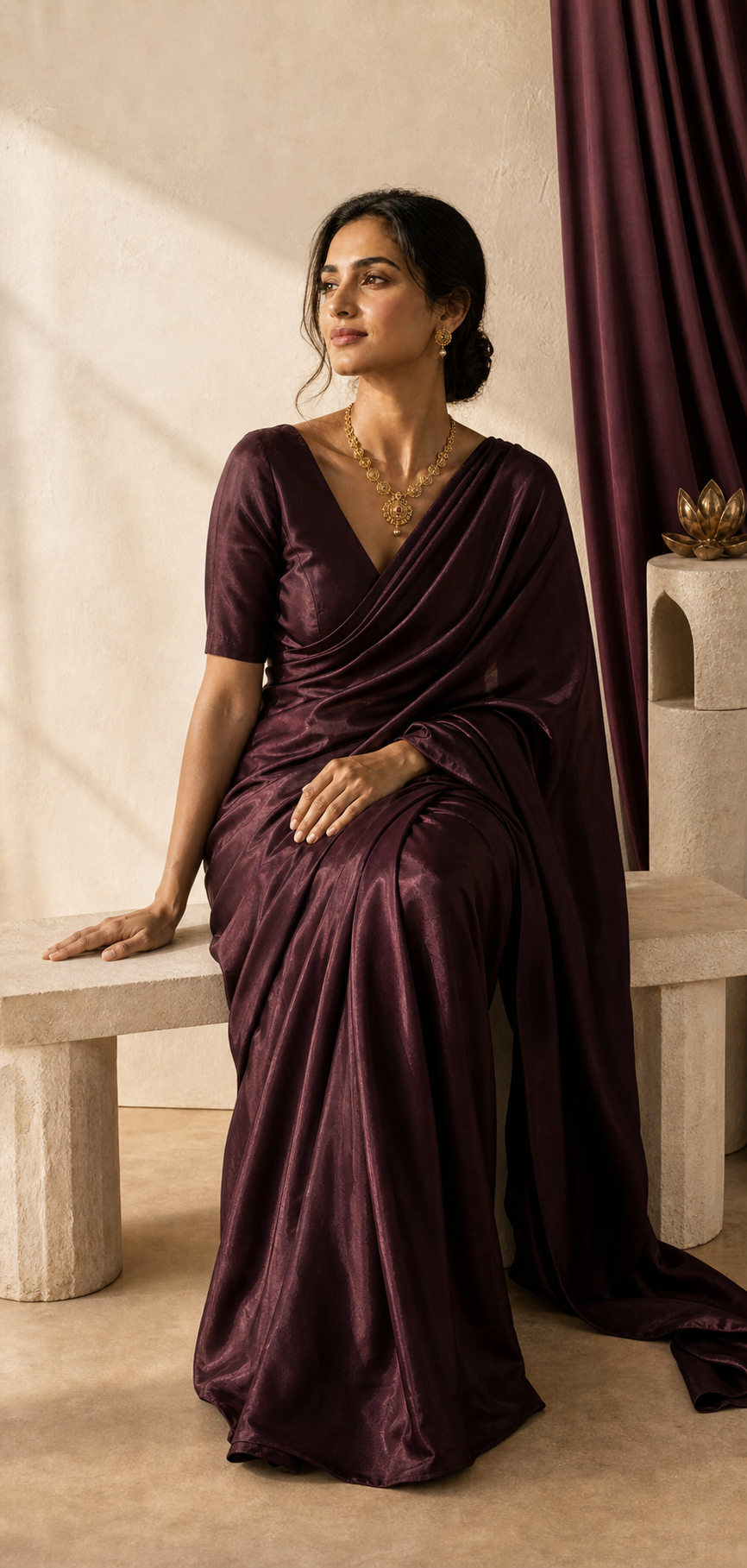 The Asviya woman seated in quiet abundance wearing a plum saree and gold jewellery