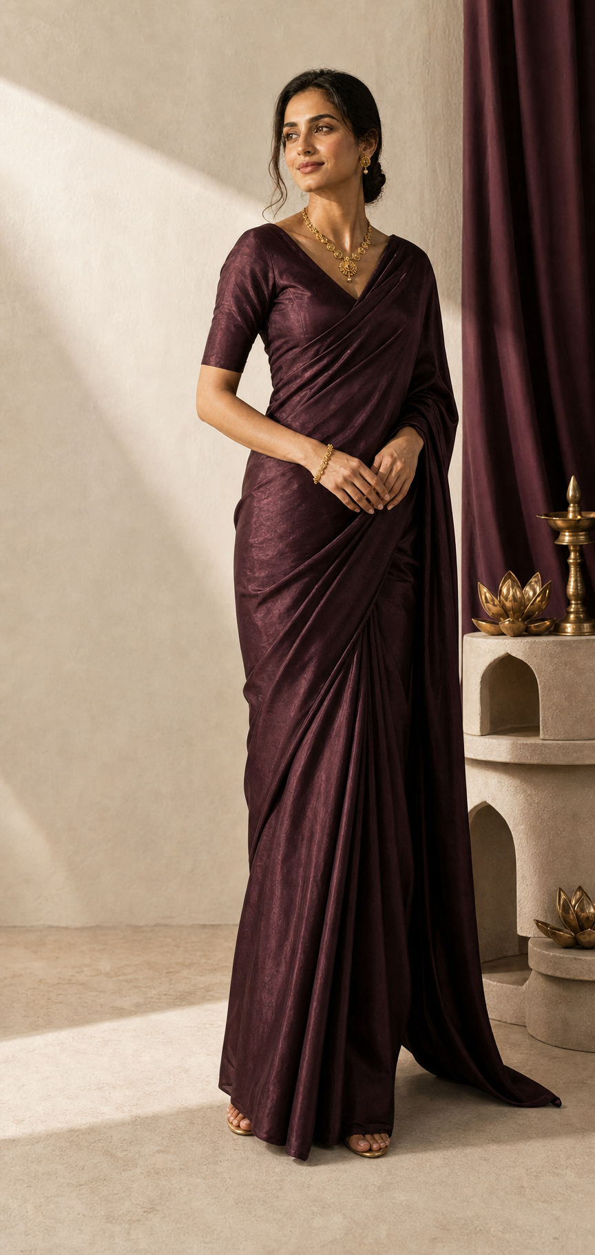 The Asviya woman turning towards a new chapter in a plum saree and gold jewellery