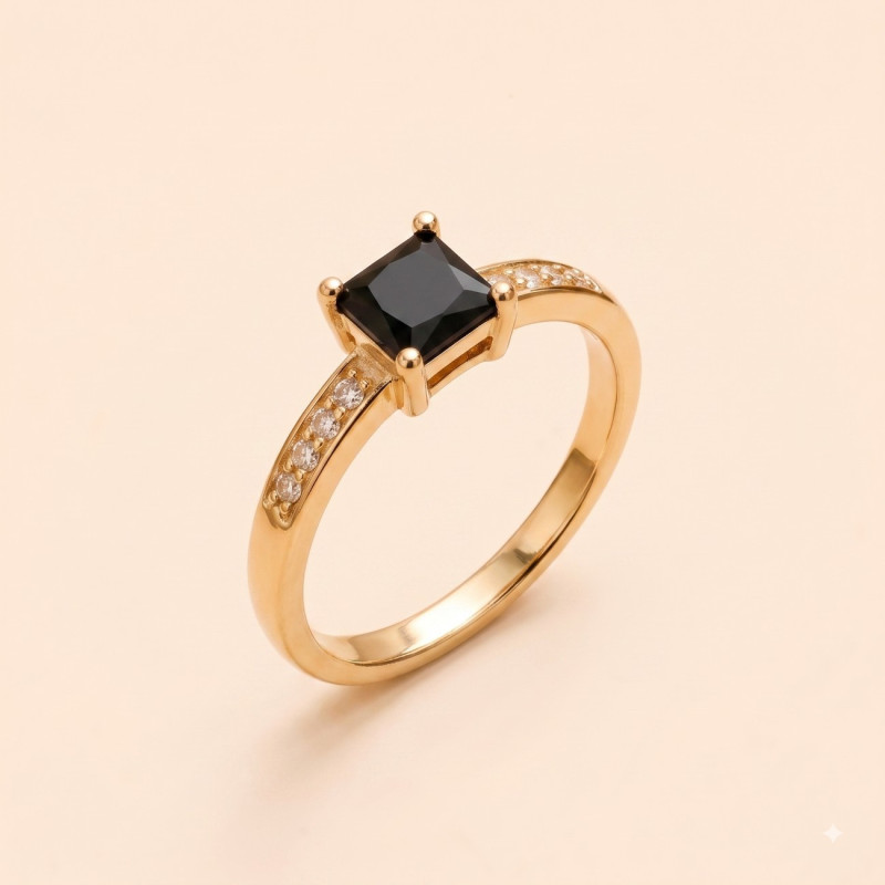 Noir Éclat Solitaire Ring | Elegant Black Stone Gold Plated Ring | ASVIYA