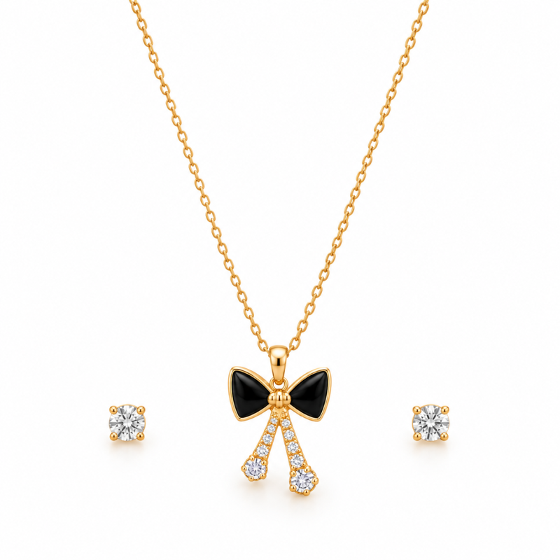 Noir Élan Bow Necklace & Earring Set | ASVIYA