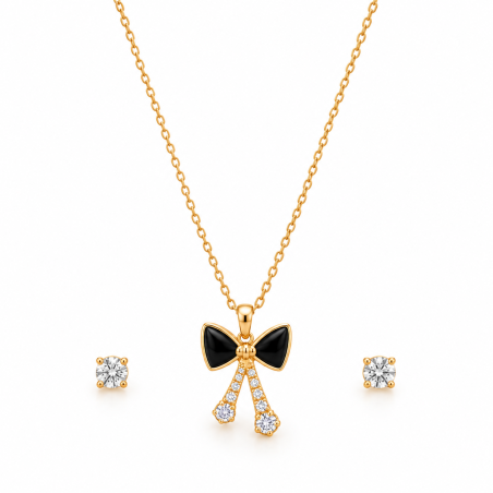 Noir Élan Bow Necklace & Earring Set | ASVIYA