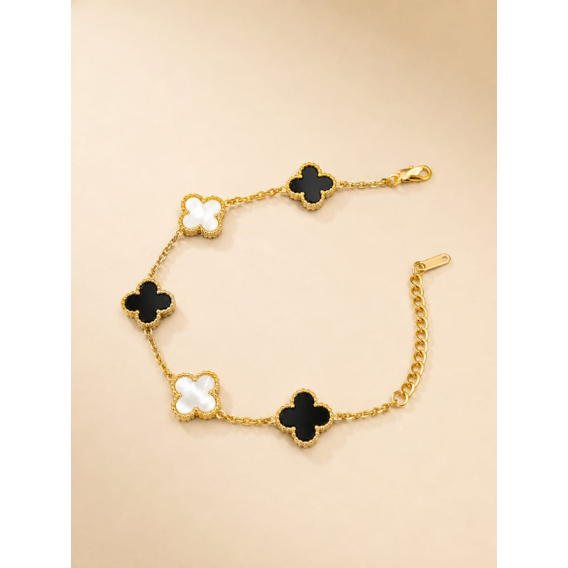 Noir Éclat Bracelet – Premium Gold-Tone Bracelet with Black & White Clover Charms by ASVIYA