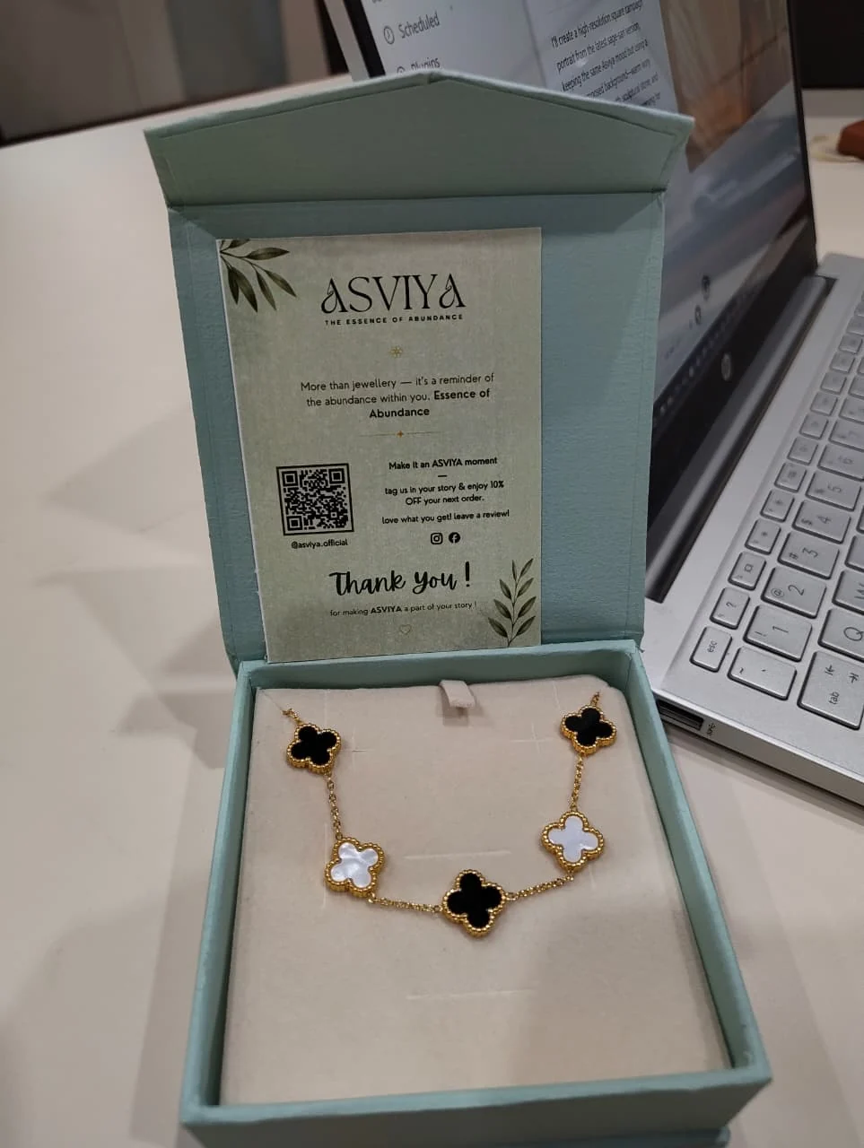 ASVIYA black and white stone bracelet presented inside its jewellery box